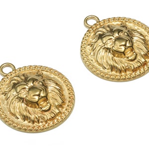 Brass Lion King Earring Charms - Raw Brass Lion Head Pendant - Earring Findings - DIY Jewelry Making Supplies - 22.89x19.65x4.48mm - PP4474