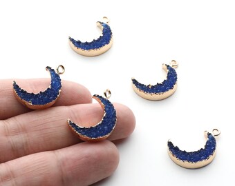 Druzy Earring Charms - Dark Blue Resin Copper Earrings for Left Side - Moon Shaped Pendant  - 23.5x15.6x5.27mm - RC1006A