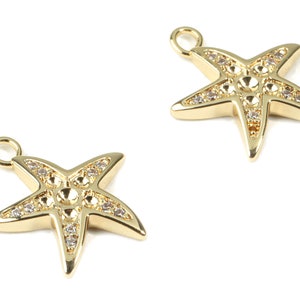 Brass Starfish Earring Charms With Glass - Brass Starfish Earring Pendant - 18k Real Gold Plating Brass - 15.45x13.44x2.11mm - RGP2281