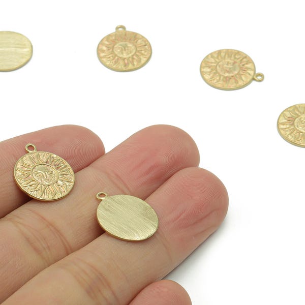 Brass Round Sun Smile Earring Charms - Raw Brass Circle Sun Happy Face Pendant - DIY Jewelry Making Supplies - 16.76x14.17x1.15mm - PP5050
