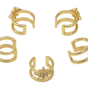 Brass Star Open Round Ring - C Earring Cuff With Zircon - Rectangle Hoop Ear Clip - 18K Real Gold Plating Cuff Ear - 11.9x6.4x1.2mm -RGP5545