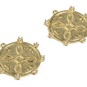 Brass Round Symbol Charm with Zircon - Brass Zircon Round Charm - Real 18K Gold Plated Brass - Jewelry Supplies -24.44x23.89x1.85mm- RGP3078
