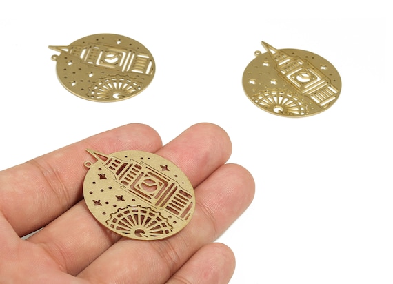 Brass Round Ferris Wheel Earring Charms - Raw Brass Clock Star Pendant - Earrings Finding - Jewelry Supplies - 40.53x34.93x0.76mm - PP4700