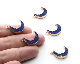 Druzy Earring Charms - Dark Blue Resin Copper Earrings for Right Side - Moon Shaped Pendant  - 24.34x15.92x5.14mm - RC1007B