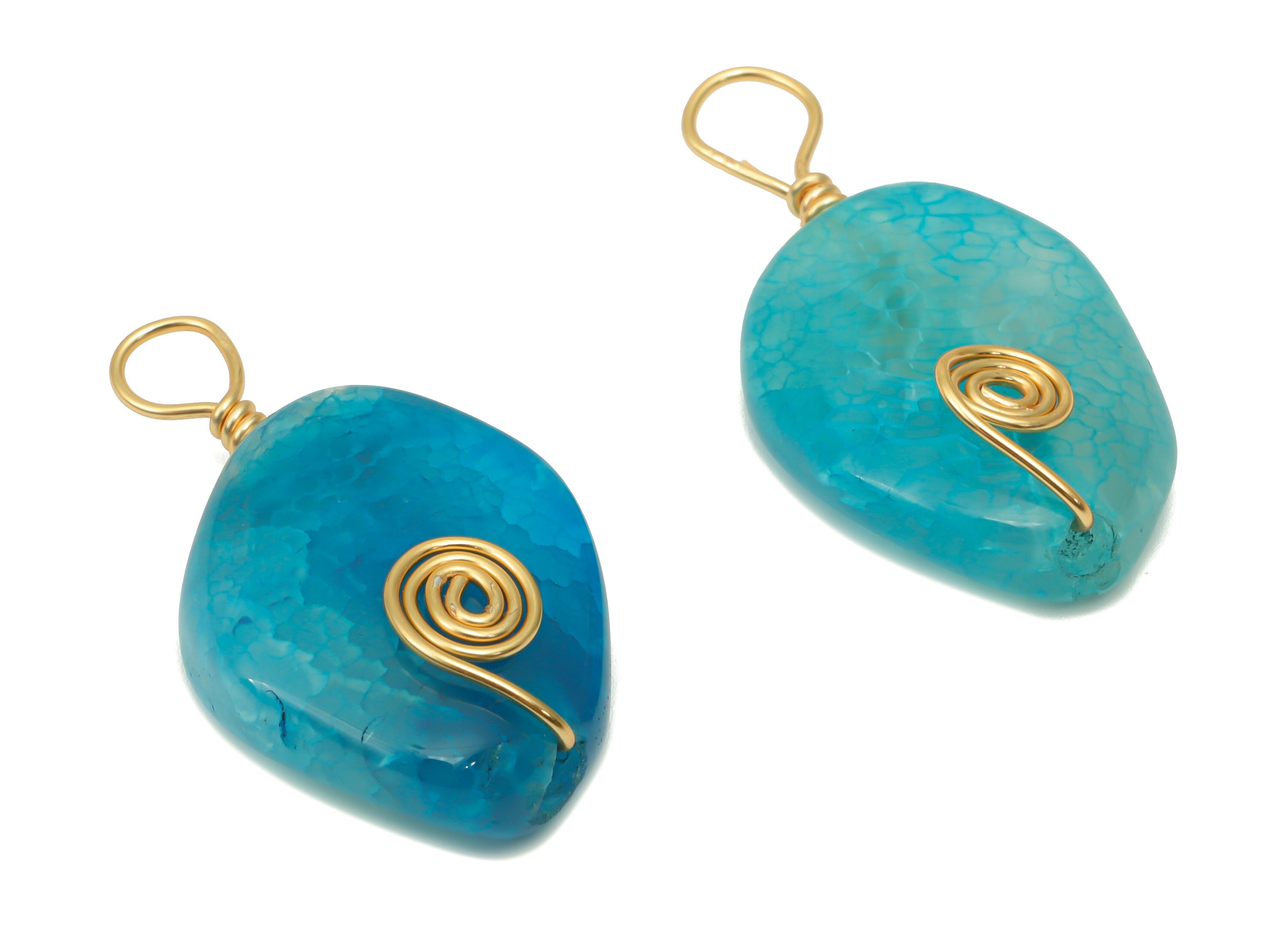 Blue Agate Crystal Earring Charms - Brass Wire Wrapped Oval