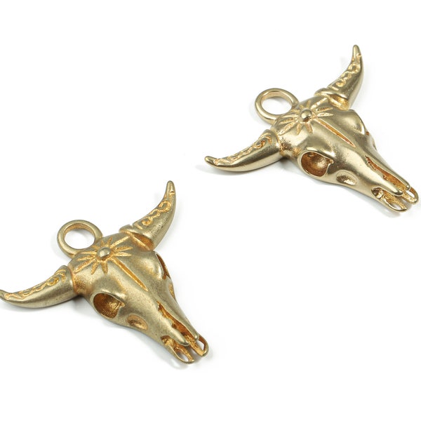 Brass Bull Pendant - Buffalo Cattle Skull Charms - Raw Brass Horn Cattle - Bull Head Charm For Necklace - 30.35x30.33x4.81mm - PP3230