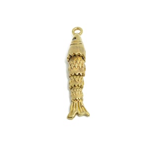 Movable Articulated Fish Charm - Brass Textured Dangle Marine Pendant - Cubic Zircon Sparking Articulated Earring Charm - 30x5x5mm -PP11122