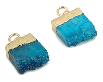 Dyed Quartz Crystal Earring Charms - Brass Square Pendant - Iron Loop - Druzy Charm - Gold Tone Plated Brass – 15.89x11.01x4.24mm– NS1573A