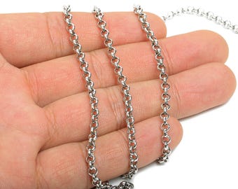 Cadena redonda Rolo de acero - Acero inoxidable 304 - Cadena de eslabones metálicos para pulsera o collar - Creación de joyas DIY - Cadena de eslabones soldados - SS2659