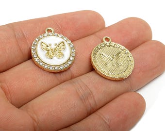Alloy Enamel Butterfly Charm - Shinny Crystal Jewelry Charm - Whimsical Butterfly Jewelry Finding - KC Gold Tone Plated - 23x20x3mm - AC3523
