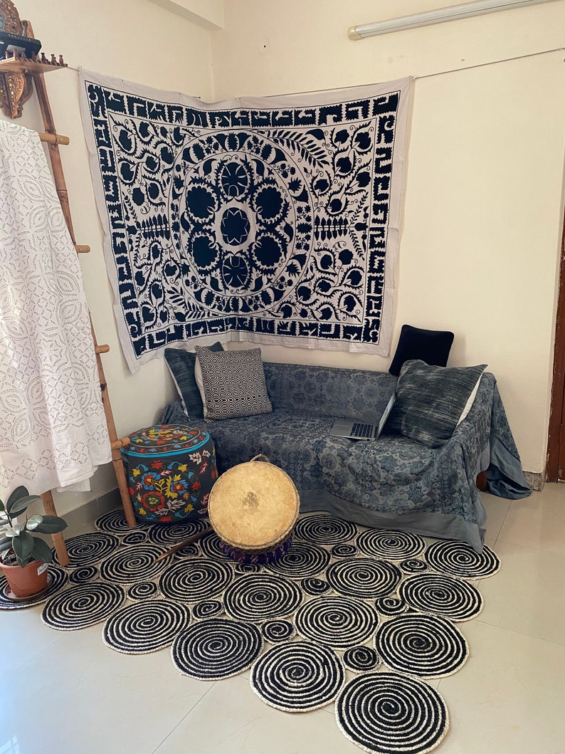 Black and white area rug monochrome natural jute braided rug Etsy