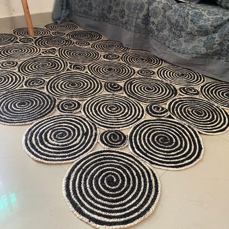 Black and white area rug monochrome natural jute braided rug Etsy