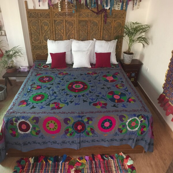 Embroidered king size bed spread, bohemian bedroom decor,large bed cover, purple decor