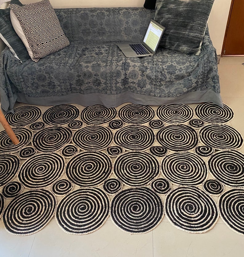 Black and white area rug monochrome natural jute braided rug Etsy