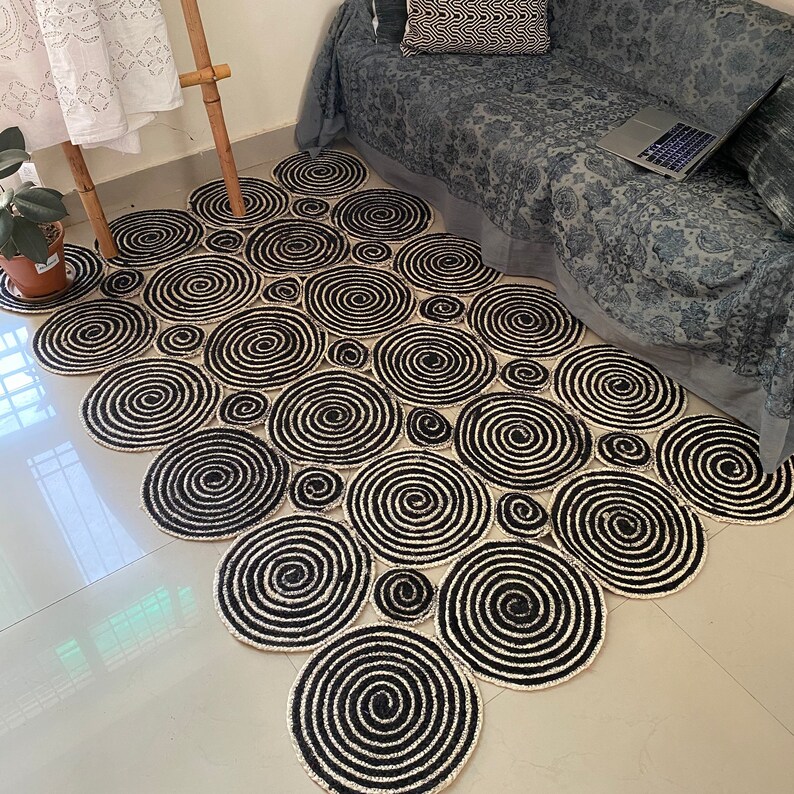 Black and white area rug monochrome natural jute braided rug Etsy
