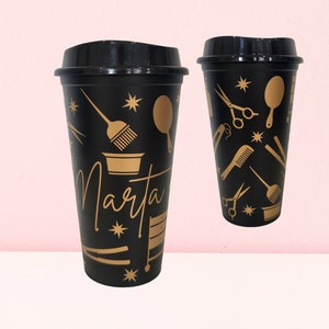 Reusable coffee/hot drinks cup with Hairdresser/Hair Stylist design ~ 16oz, 473ml