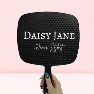 Black personalised handheld mirror for small business beauty professionals - makeup artist, MUA, hairdresser, hair stylist, aesthetics