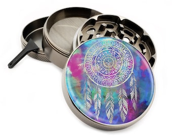 DreamCatcher Herb Grinder with Feathers 2.5" Large 4 Part Grinders with Pollen Catcher - Gift Box