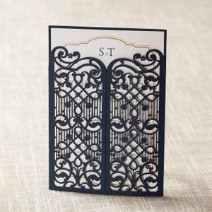 Laser Cut Gate Wedding Invitations with Gold Foil Seal