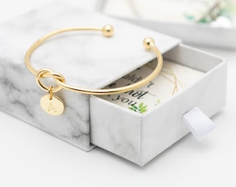 Personalized Initial Bracelet, Bridesmaid Gift, Knot Bangle