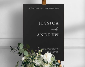 Custom printed wedding sign foam board, Personalised Wedding Welcome sign in Black Portrait