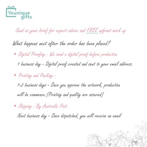 May include: A white background with pink text outlining the process of ordering custom gifts. The text reads "Send us your brief for expert advice and FREE upfront mock up. What happens next after the order has been placed? &bull; Digital Proofing: We send a digital proof before production 1 business day - Digital proof created and sent to your email address. &bull; Printing and Packing: 1-2 business days - Once you approve the artwork, production will be commence. (Printing and quality are assured) &bull; Shipping: By Australia Post Next business day - Once dispatched, you will receive an email"