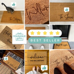 May include: A collage of nine images showcasing personalized doormats with various designs and text, including "The Cutajars", "Peke and House", "The Seves", "Welcome The Wallington", "Yay! It's you", and "The Williams". The images also feature a thumbs up icon and a five-star rating with the text "Best Seller".