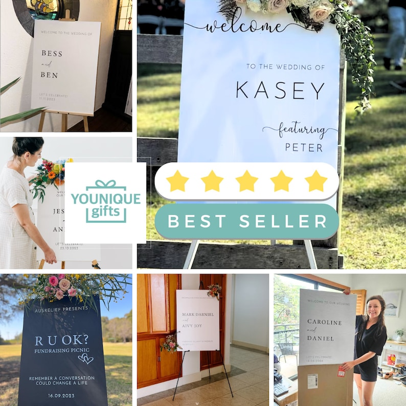 May include: A collage of wedding signs and event signage. The signs are white or black with text in various fonts. Some signs include floral arrangements. One sign reads "Welcome to the Wedding of Kasey featuring Peter".