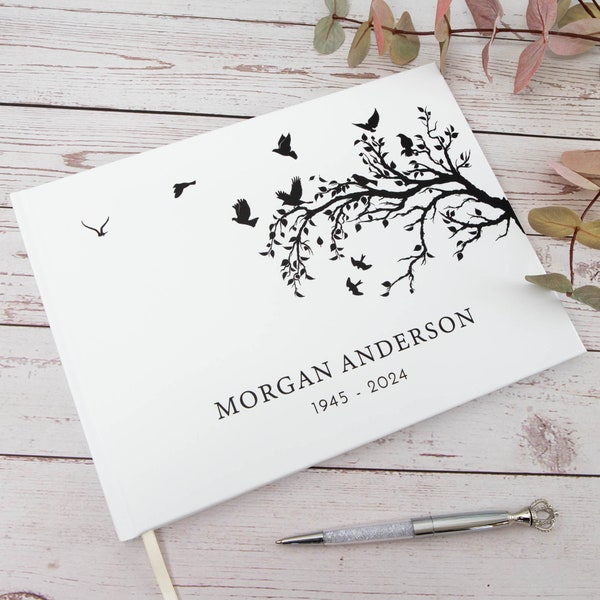 Personalised Memorial Remembrance Guest Book in White Hard Cover, Printed Name