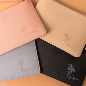 Personalised Clutch Bag with Engraved Birth Flower, Custom Bridesmaid Gift and Proposal, Hen Party Gift, Maid of Honour Present