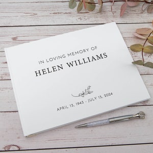 Personalised Remembrance Memorial Guest Book in White Hard Cover, Printed Name