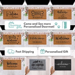 May include: A collection of personalized doormats with various designs, including welcome messages, paw prints, and a camper van. The doormats are made of coir and have a brown color. The text on the doormats includes "Welcome", "The Taylors", "The Smith's", "The Hudson's", "The Brown's", "The Gibsons", "The Anderson's", and "Happy Camper".