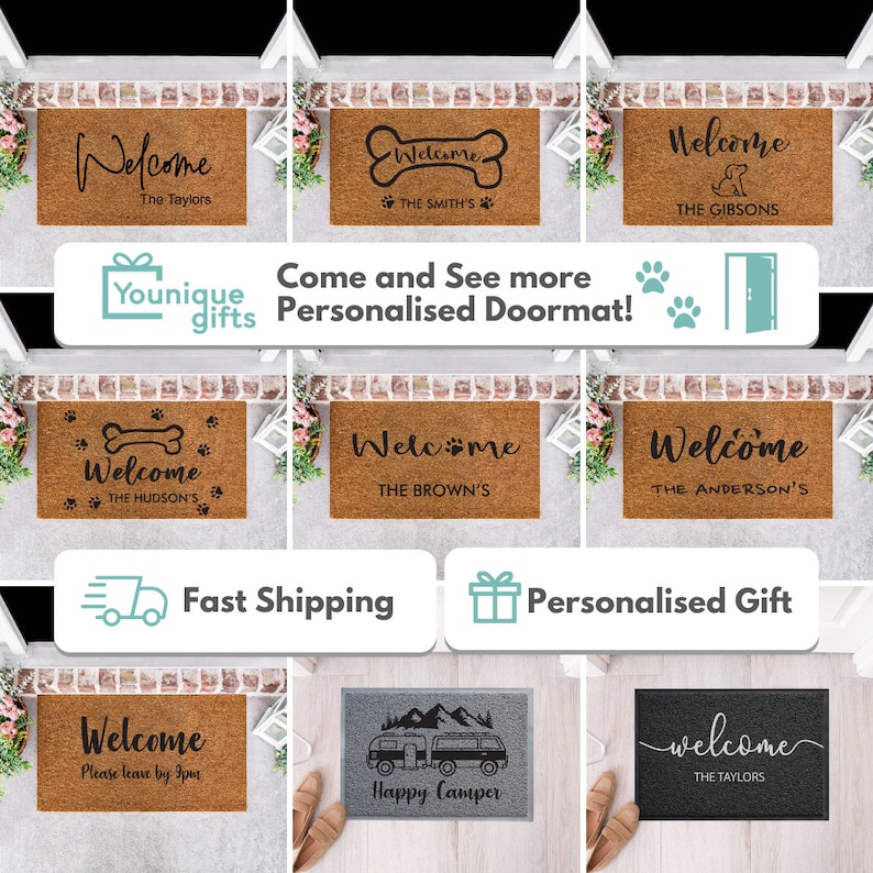 May include: A collection of personalized doormats with various designs, including welcome messages, paw prints, and a camper van. The doormats are made of coir and have a brown color. The text on the doormats includes "Welcome", "The Taylors", "The Smith's", "The Hudson's", "The Brown's", "The Gibsons", "The Anderson's", and "Happy Camper".