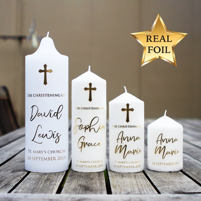 Custom Real Foil Water slide Decal Baptismal Candle Christening gift favour