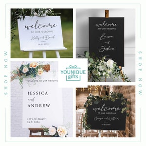 May include: A collage of wedding welcome signs. The signs are white and black, with elegant calligraphy. The signs display the words "welcome to our wedding" along with the names of the couple and the wedding date. Some signs are decorated with flowers.