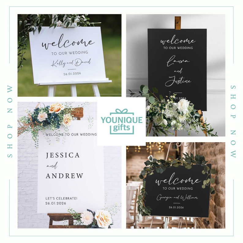 May include: A collage of wedding welcome signs. The signs are white and black, with elegant calligraphy. The signs display the words "welcome to our wedding" along with the names of the couple and the wedding date. Some signs are decorated with flowers.