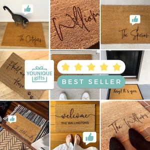 May include: A collage of nine images showcasing personalized doormats with various designs and text, including "The Cutajars", "Peke and House", "The Seves", "Welcome The Wallington", "The Willary", and "Yay! It's you". The images also feature a thumbs up icon and a five-star rating with the text "Best Seller".