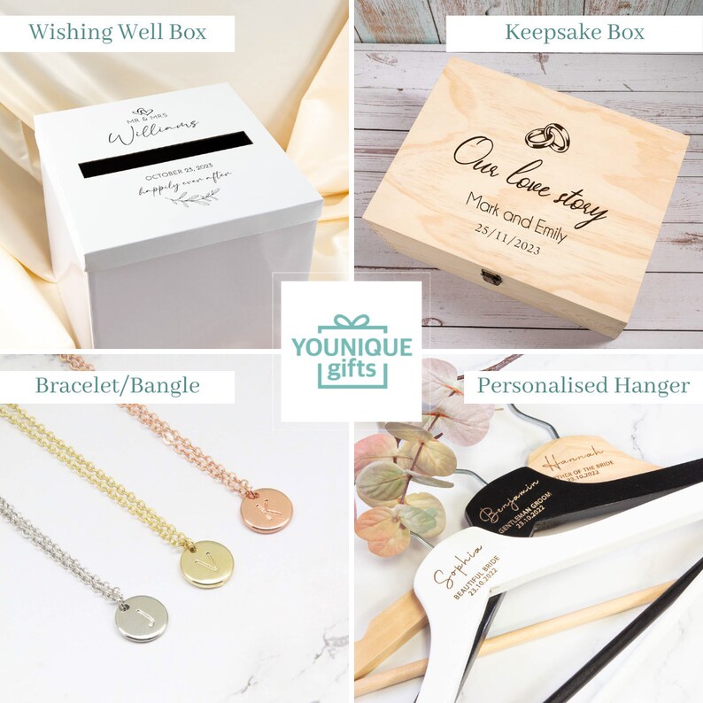 May include: A set of wedding-themed gifts including a white wishing well box with a slot for cards, a wooden keepsake box with the text "Our love story", a set of three gold and silver bracelets with initial charms, and two personalized wooden hangers with the text "Sophia, Beautiful Bride 23.10.2022" and "Benjamin, Gentleman Groom 23.10.2022".