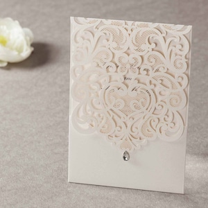 Laser Cut Wedding Invitations with Pearl Paper and Swarovski Gem