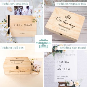May include: A collection of wooden wedding items, including a guest book, keepsake box, wishing well box, and sign board. The guest book is personalized with a couple's names and date. The sign board displays names and a wedding date.