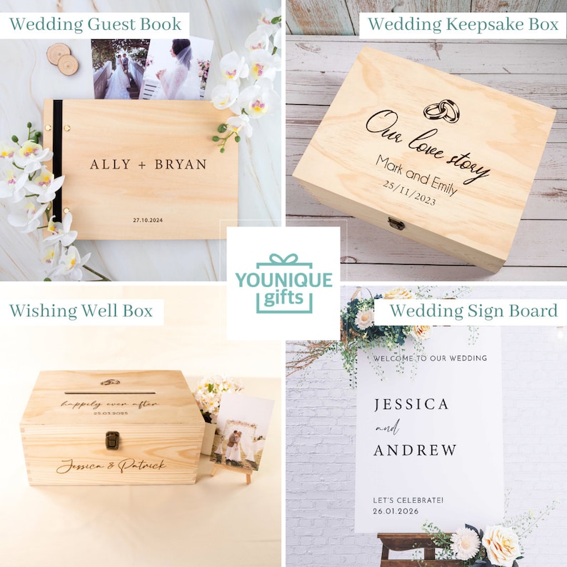 May include: A collection of wooden wedding items, including a guest book, keepsake box, wishing well box, and sign board. The guest book is personalized with a couple's names and date. The sign board displays names and a wedding date.