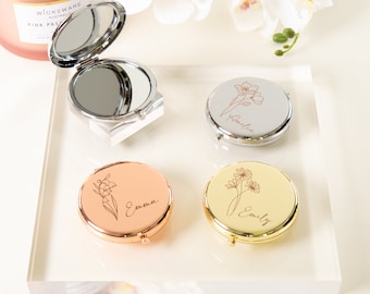 Personalised Compact Mirror with Engraved Birth Flower and Custom Name