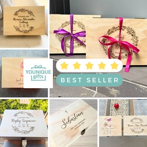 May include: A collage of images showcasing personalized wooden boxes with engraved designs. The boxes feature various themes, including a baptism, a first communion, and a birthday. The boxes are decorated with ribbons and flowers. The text on the boxes includes names, dates, and special occasions. The image also includes a logo for "YOUNIQUE gifts" and a five-star rating with the text "BEST SELLER".