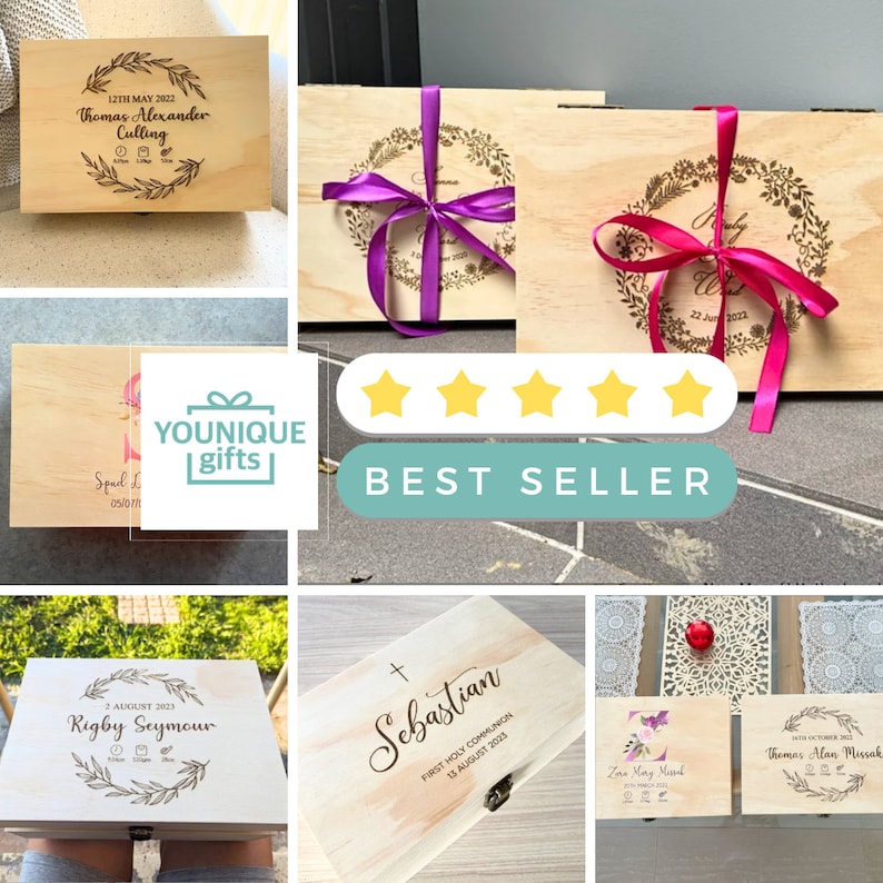 May include: A collage of images showcasing personalized wooden boxes with engraved designs. The boxes feature various themes, including a baptism, a first communion, and a birthday. The boxes are decorated with ribbons and flowers. The text on the boxes includes names, dates, and special occasions. The image also includes a logo for "YOUNIQUE gifts" and a five-star rating with the text "BEST SELLER".
