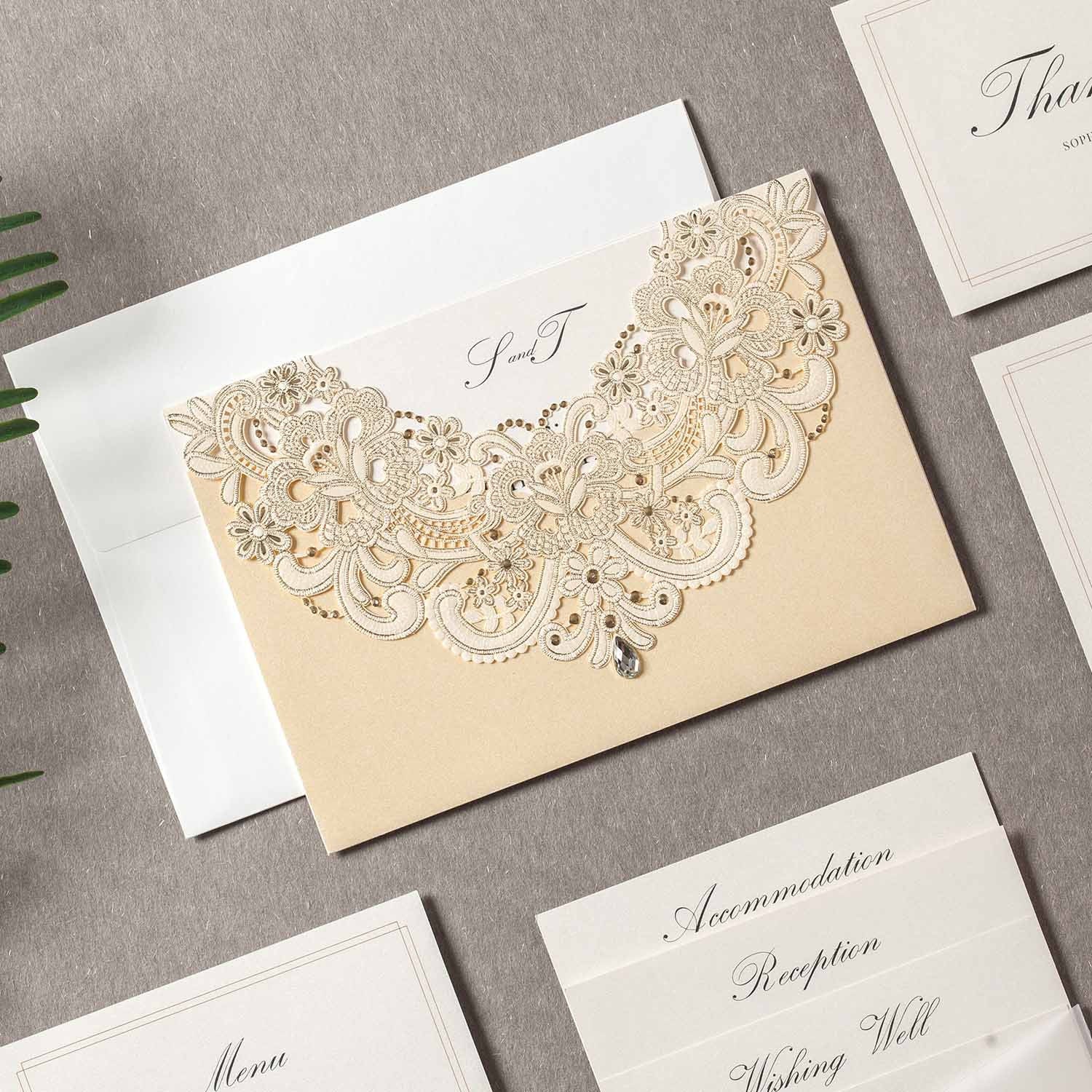 Laser Cut Wedding Invitation - Pearl Paper with Gold Foil
