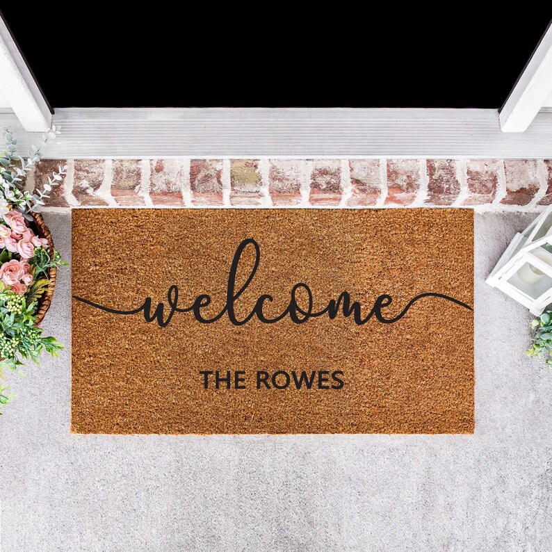 Personalised Natural Coir door mat printed in black and cursive welcome letter