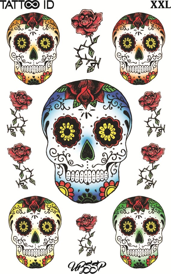 Tatouage Ephemere Temporaire Têtes De Mort Mexicaine Calavera Tattooidxxl Hypoallergénique Fabriqué En France 1 Planches 22cm X 145cm