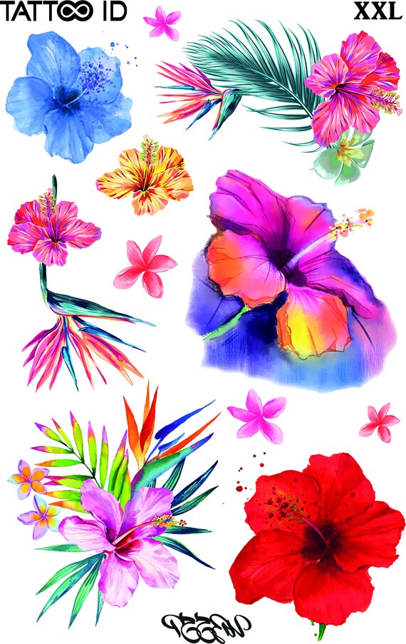 Tatouage Temporaire Ephemere Fleurs Des îles Hibiscus Tattooid Xxl Hypoallergénique Fabriqué En France 1 Planches 22 Cm X 145 Cm Femme