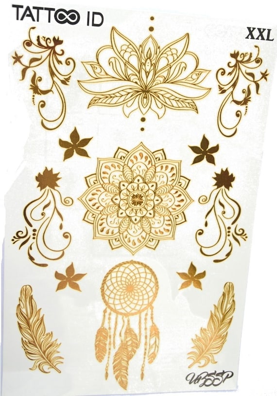 Tatouage Ephemere Temporaire Femme Gold Doré Or Lotus Mandala Fleur Tattooidxxl Hypoallergénique Fabriqué En France 22cm X 145cm Femme