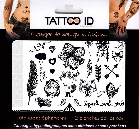 Tatouage Ephemere Temporaire Mix Plume Fleur Noir Et Blanc Tattooid Hypoallergénique Fabriqué En France 2 Planches Identiques Femme